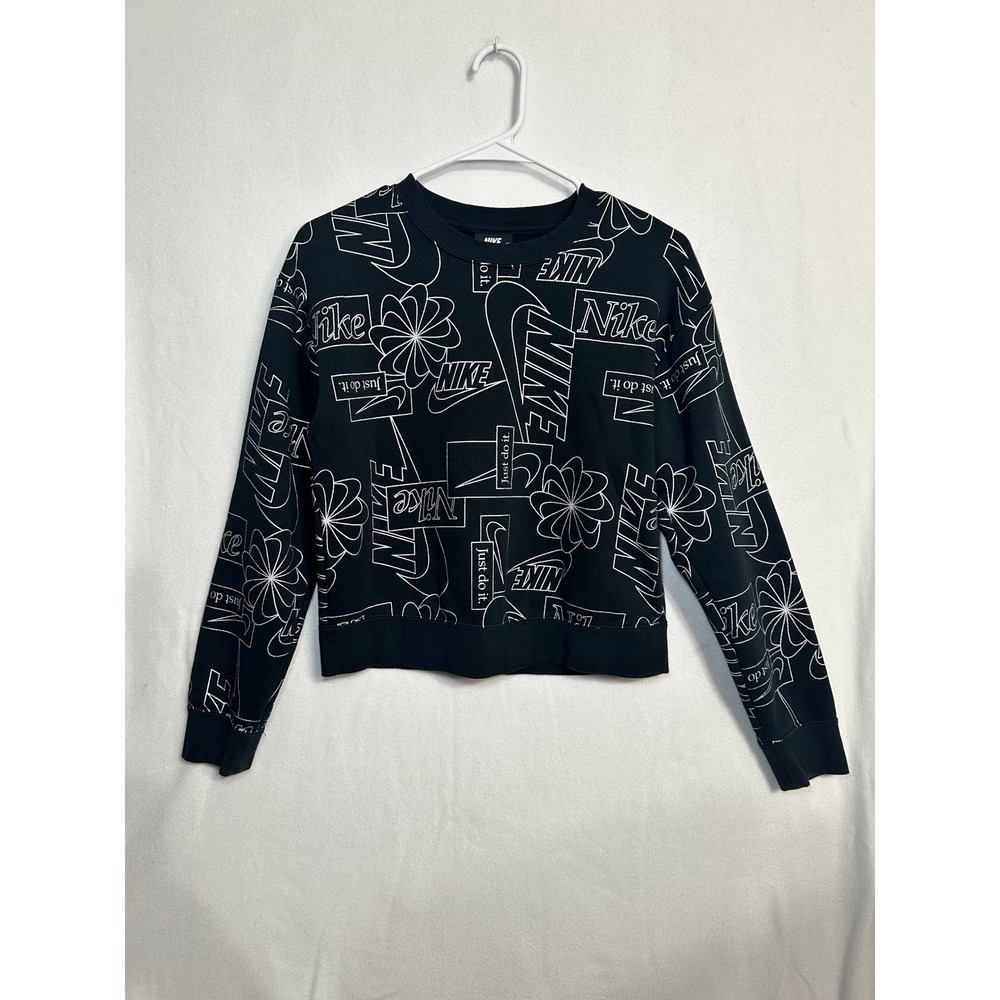 Nike Womens All Over Logo Print Fleece Crewneck Sweatshirt Black‎ CZ1869-010 XS